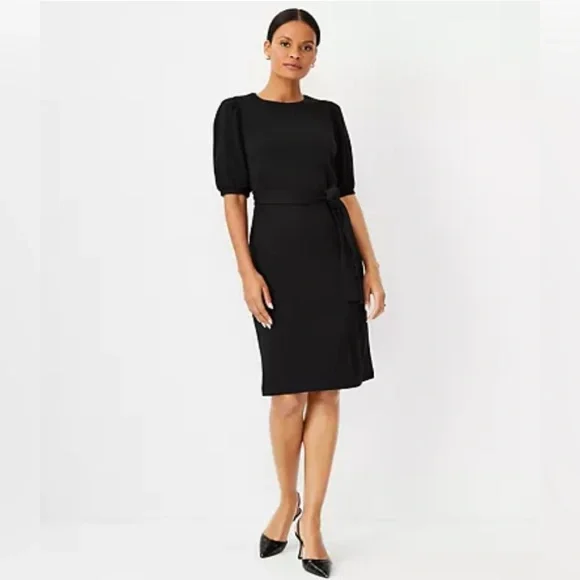Ann Taylor Puff Sleeve Belted Sheath Dress Black Size 12 - Picture 1 of 6